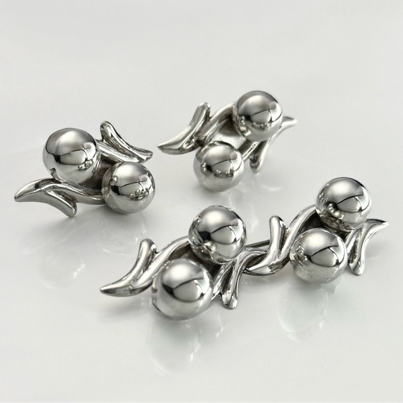 Vintage Los Castillo Taxco Sterling Silver Modernist Brooch & Earrings Set MCM - Picture 5 of 7